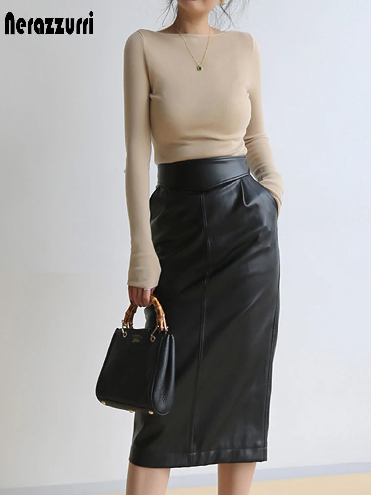 Nerazzurri Spring Midi Pu Leather Skirt Women Brown White Black Long High Waisted.