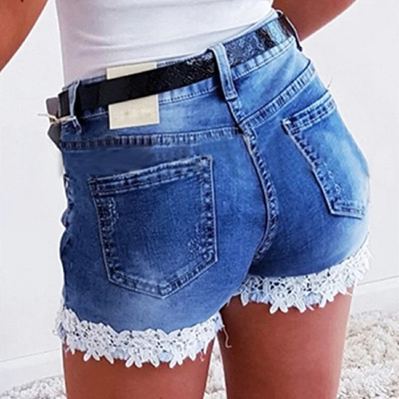 Women Slim Denim Shorts Stretch Lace Stitching Jeans Shorts.