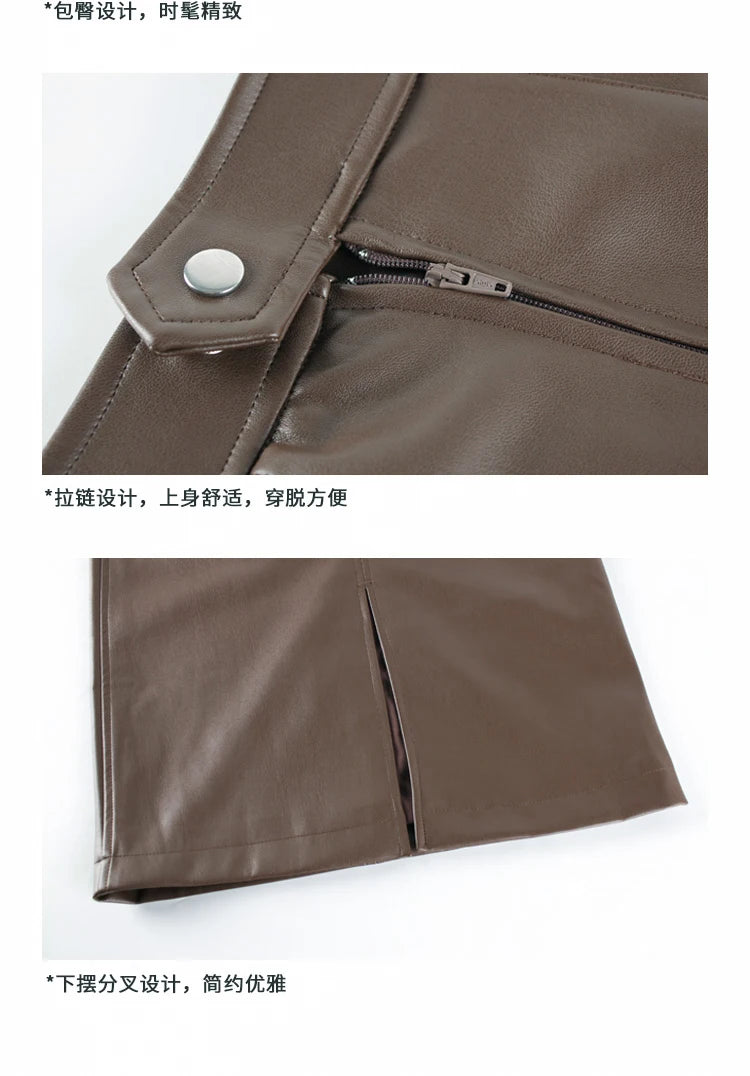 Nerazzurri Spring Midi Pu Leather Skirt Women Brown White Black Long High Waisted.
