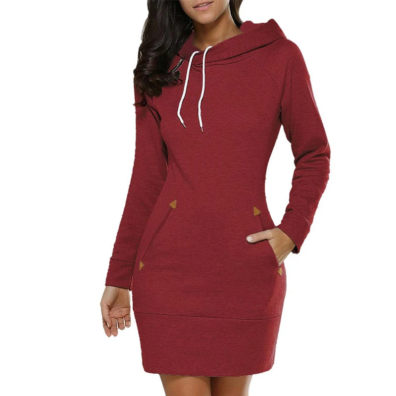 Women‘s Knee-Length Pockets Dress Hooded Warm Sweat Shirt.