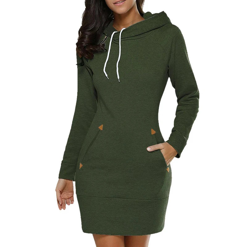 Women‘s Knee-Length Pockets Dress Hooded Warm Sweat Shirt.