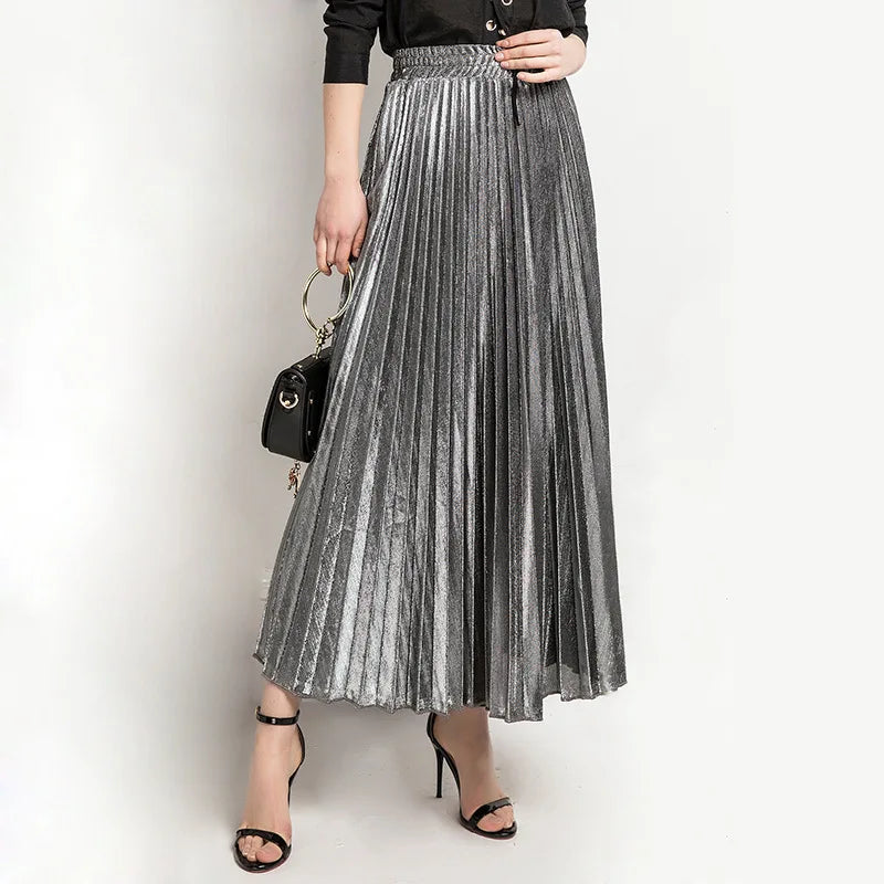 Check Skirt Pleated Maxi Skirt High Waist Harajuku Large Swing Gold Long Skirts For Women.