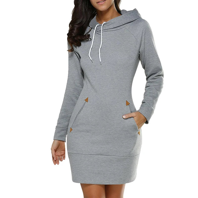 Women‘s Knee-Length Pockets Dress Hooded Warm Sweat Shirt.