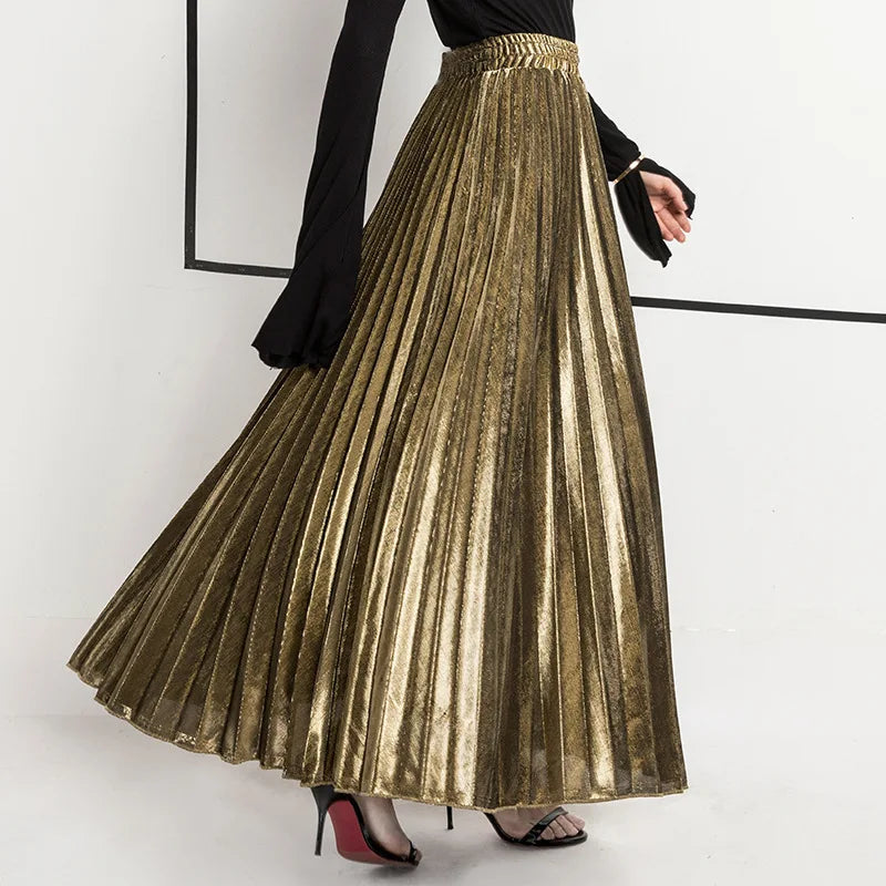 Check Skirt Pleated Maxi Skirt High Waist Harajuku Large Swing Gold Long Skirts For Women.