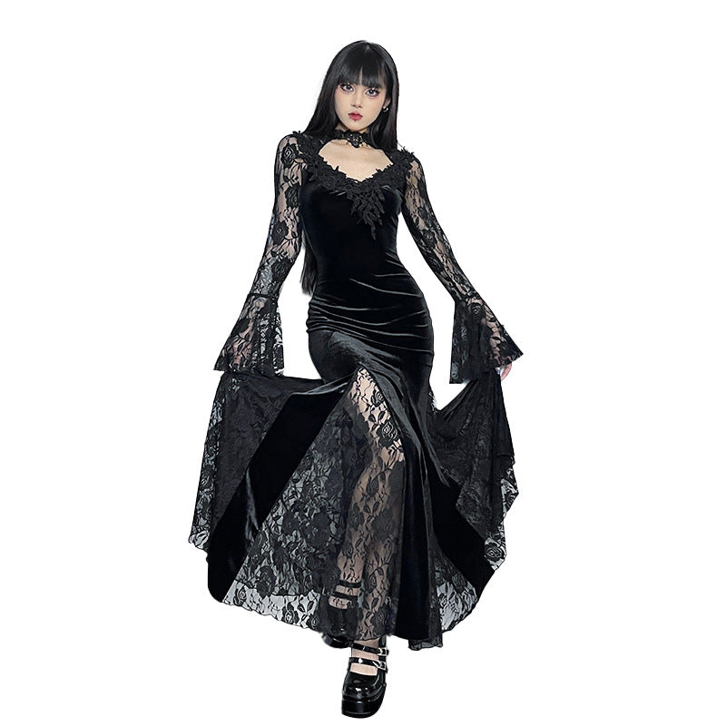 AltGoth Aesthetic Gothic Midi Dress Women Vintage.