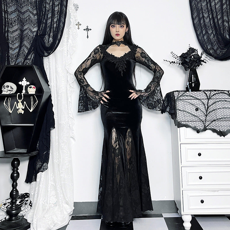 AltGoth Aesthetic Gothic Midi Dress Women Vintage.