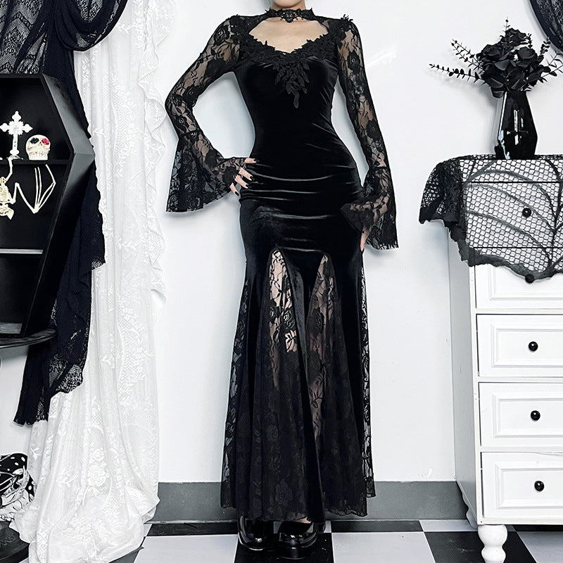 AltGoth Aesthetic Gothic Midi Dress Women Vintage.
