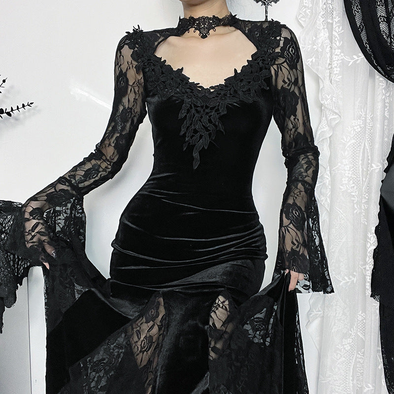 AltGoth Aesthetic Gothic Midi Dress Women Vintage.