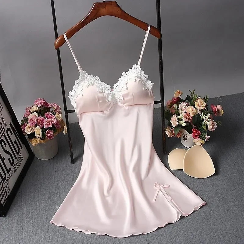 Sexy Lace Patchwork with Chest Cushion Lingerie Nighty Sleep Wear Nightdress.