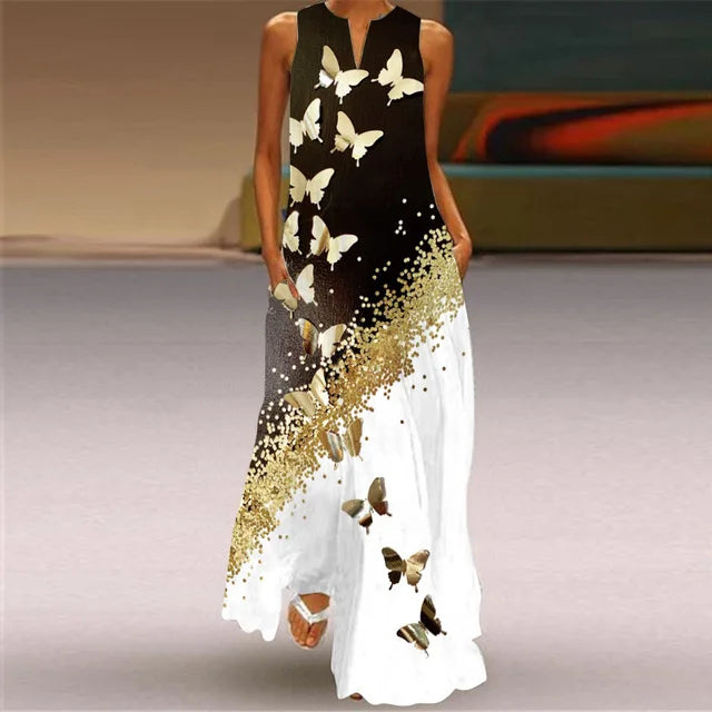 3D Floral Printed Dress Summer Vintage V-neck Sleeveless Loose Maxi Dress Elegant.