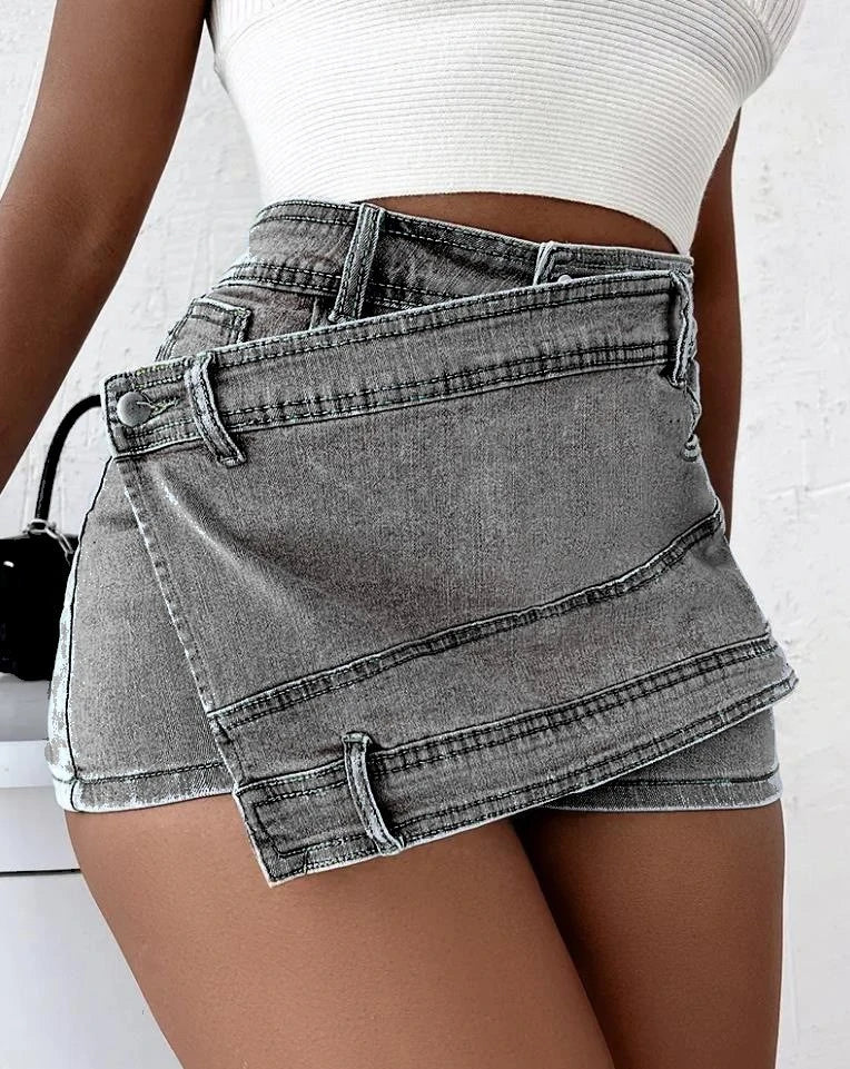 Fashion Irregular Splicing Women's Denim Shorts Summer High Waisted.