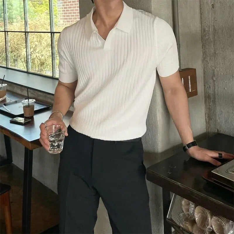 Men Slim Fit Polo Shirts Solid Stretch Sexy Collared TShirt Fashion.