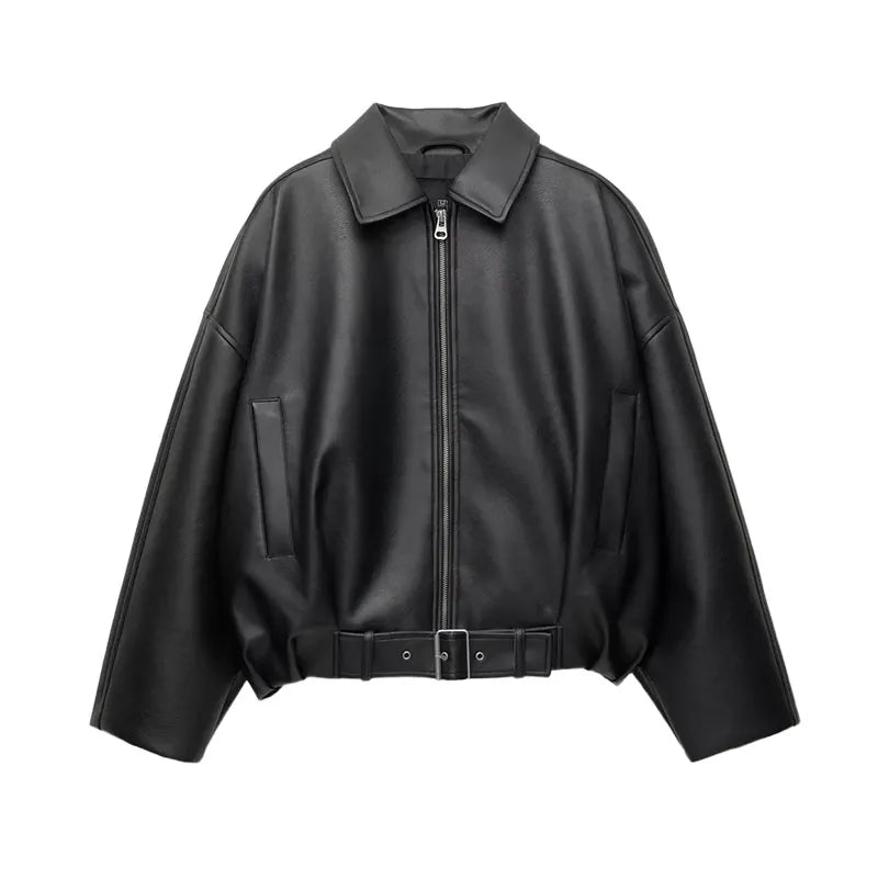 Vintage PU Leather Bomber Jackets Autumn Ladies Zipper Lapel Long Sleeve.