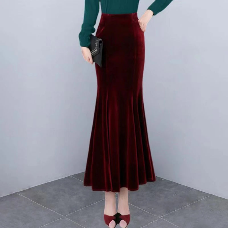 Womens Velvet Skirt Fashion Slim Mermaid Skirt Solid Color High Waist.