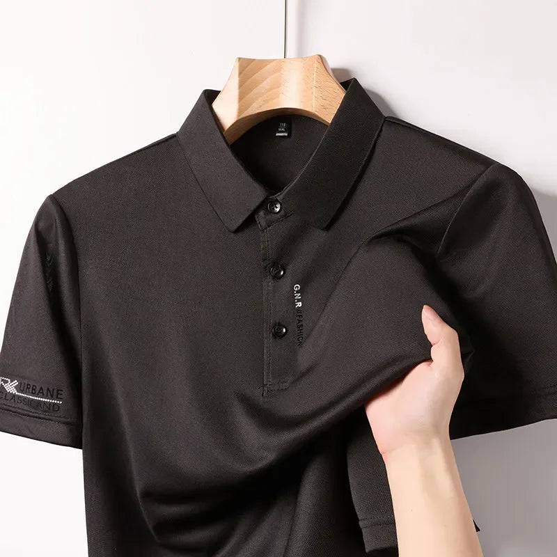 Men's Business Casual Short Sleeved Shirt with Badge Solid Color Polo Shirt.