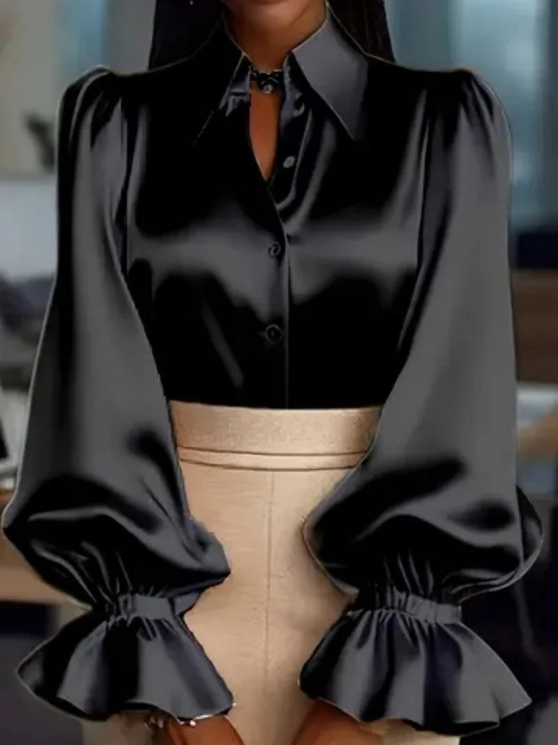 Elegant Satin Blouse with Ruffled Cuff Sleeves and Button-Down Collar.