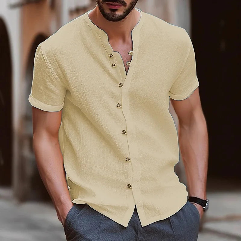 Men's Simple Texture Linen Round-neck Short-sleeve Button-down Solid-color.