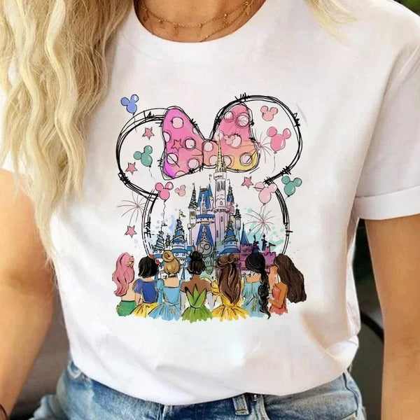 Fashion Disney Princess Printed T Shirt Watercolor Magic Castle Princess Women.