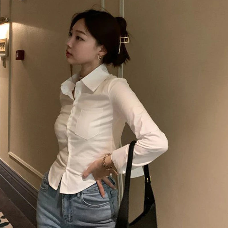 Gidyq Elegant Women Korean Shirts Fashion Streetwear Female Slim Blouse.