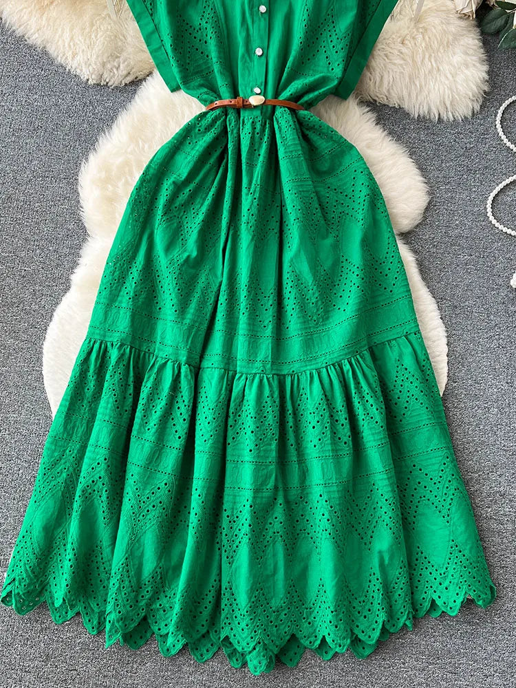 Women Summer Dress Loose Breasted Lace Up Long Dress.