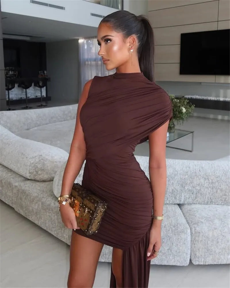 Mozision Irregular Draped Ruched Sexy Mini Dress For Women.