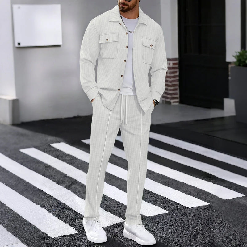 Men's solidcolor waffle longsleeved pants set high quality fashionable comfortable.