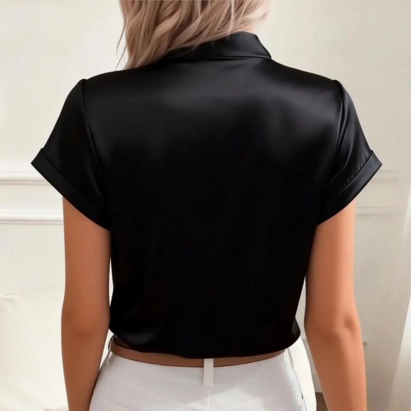 Women's Solid Satin Blouse Summer Fashion Bow Tie Lace Up Neck.