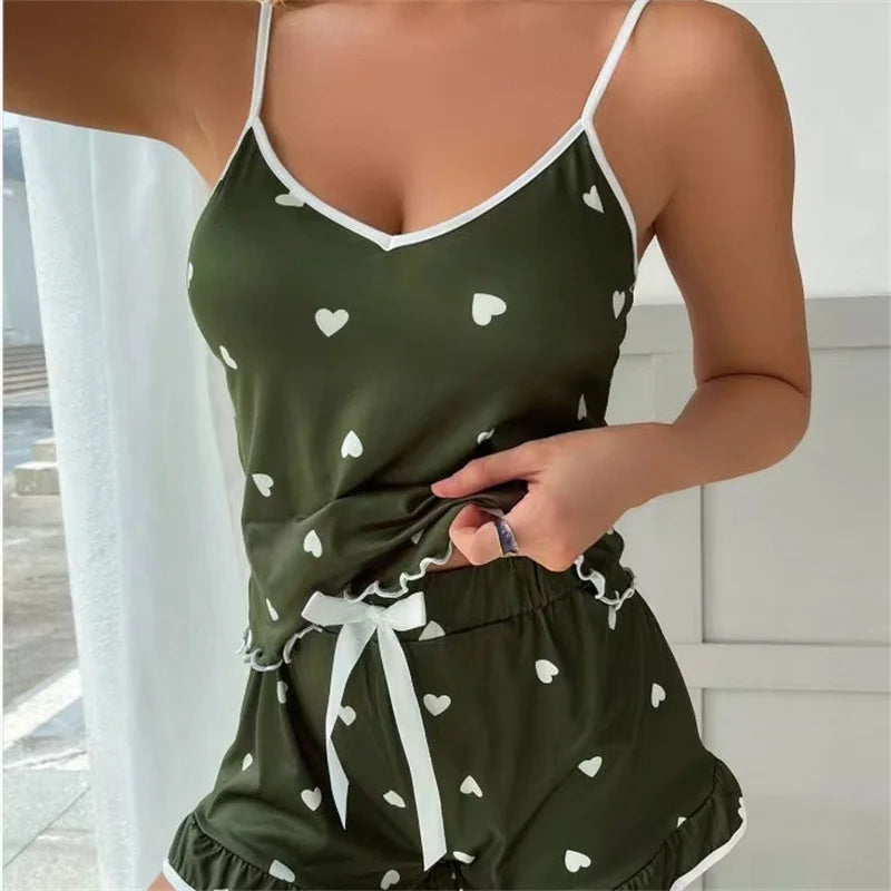 Summer 2pieces Pajama Set for Women Sleepwear Spaghetti Strap.