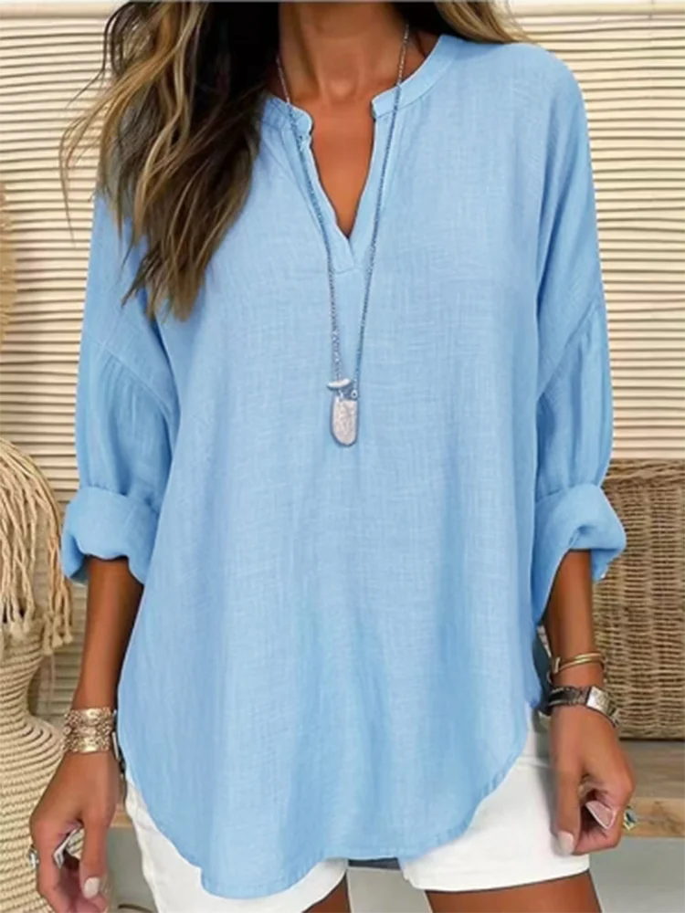 Women's Casual Loose Long Sleeve V-Neck T-Shirt Autumn Fashion Elegant Blue Top.
