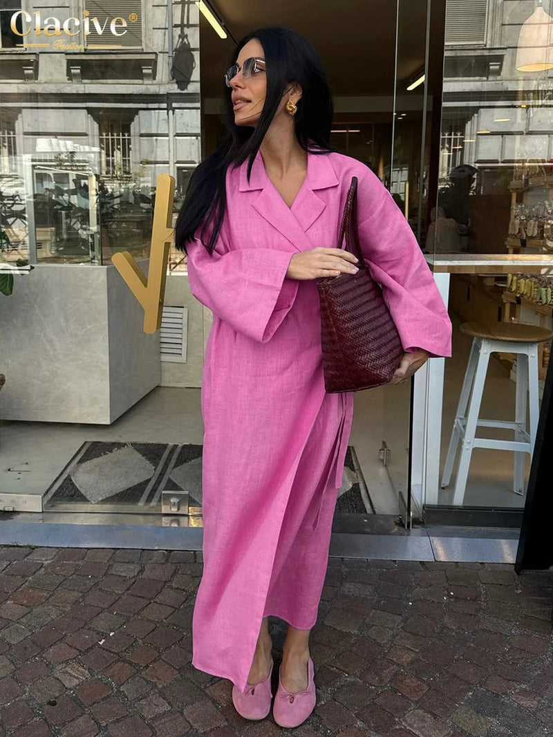 Ladies Fashion Lapel Long Sleeve Ankle Length Dress Elegant Lace-Up Dresses For Women.