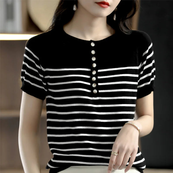 cotton T-shirt women's knitted striped short sleeved casual round neck.