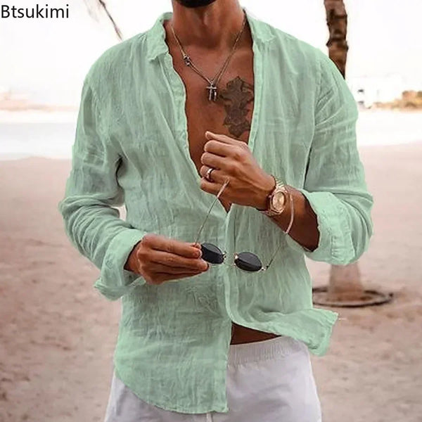 Men's Cotton Linen Shirts Top Simple Laple Solid  Man Shirts Tops Comfortable.