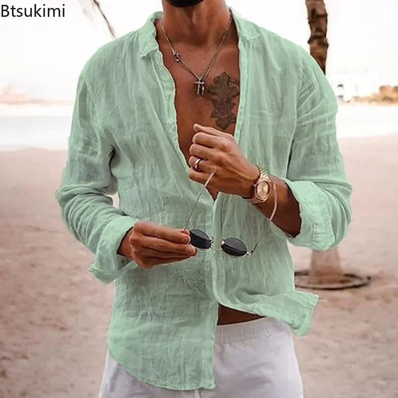 Men's Cotton Linen Shirts Top Simple Laple Solid  Man Shirts Tops Comfortable.