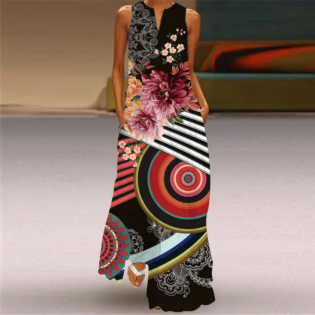 3D Floral Printed Dress Summer Vintage V-neck Sleeveless Loose Maxi Dress Elegant.