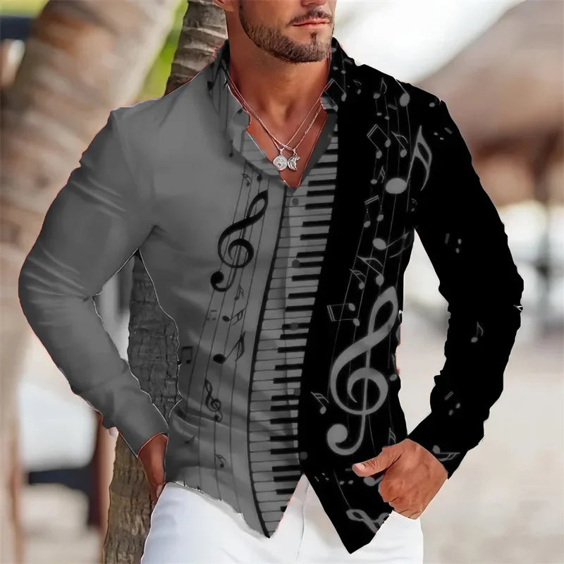 Summer Men's Long Sleeves Shirt with Musical Instrument Symbol Pattern Printed.