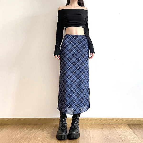Women Spring Autumn Plaid Print Wrap Hips Skirts Fashion Ankle-Length Sexy.