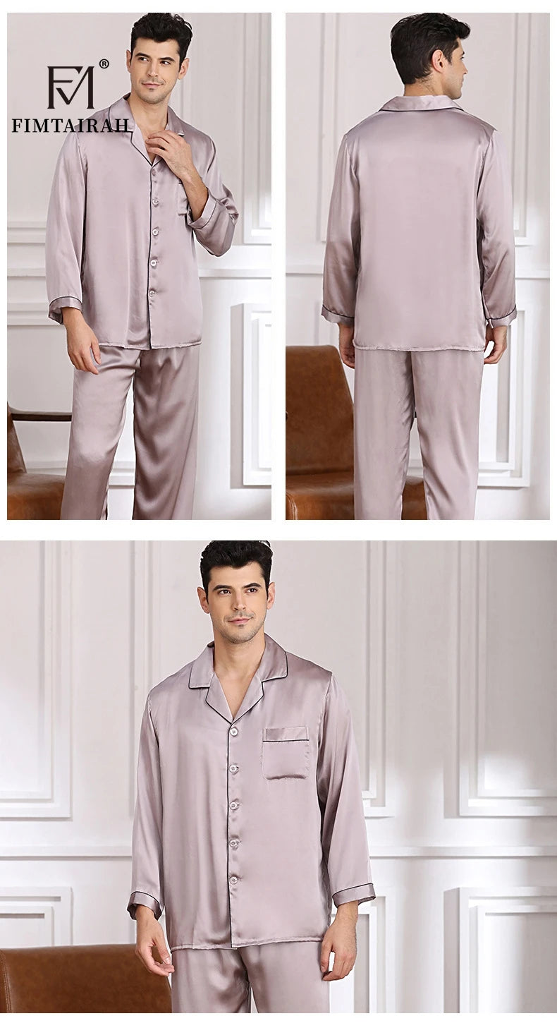 Men's Two Sets Sleepwear Summer Soft Long Sleeve  Home Wear  Mulberry Silk Pijimas.