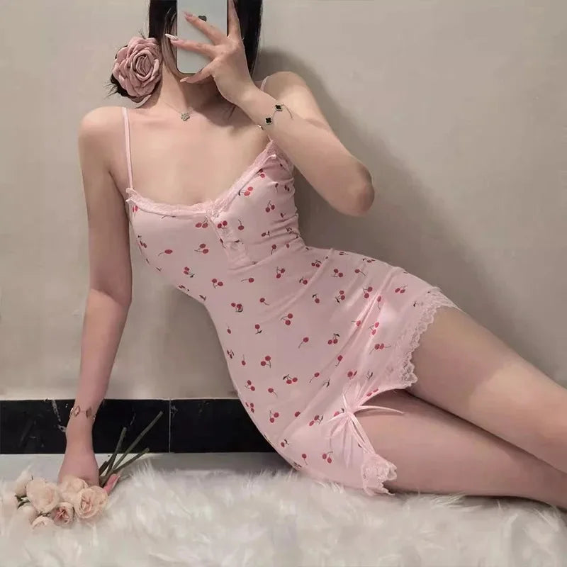Summer Cherry Pattern Printed Nightgown Suspender Pink Women's Sleep Dress.