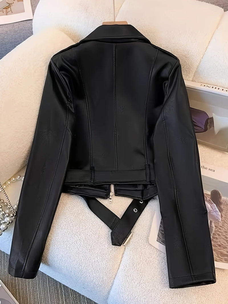 Women's Short American Retro Pu Motorcycle Leather Slim Jacket.
