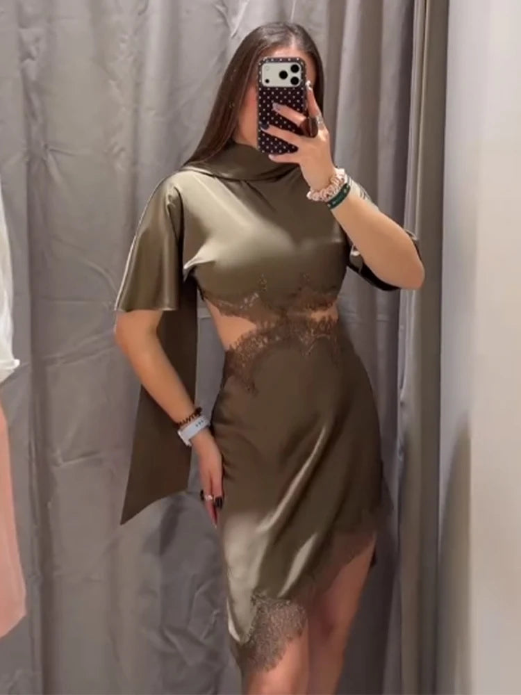 Lace Hollow Out Women Mini Dress Elegant Satin Scarf.