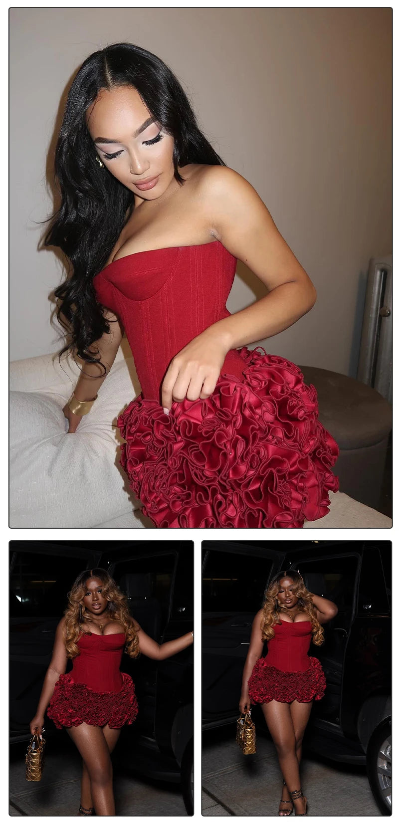 VC Christmas Dress Strapless Backless Red Structured Floral Embellished Mini Length.