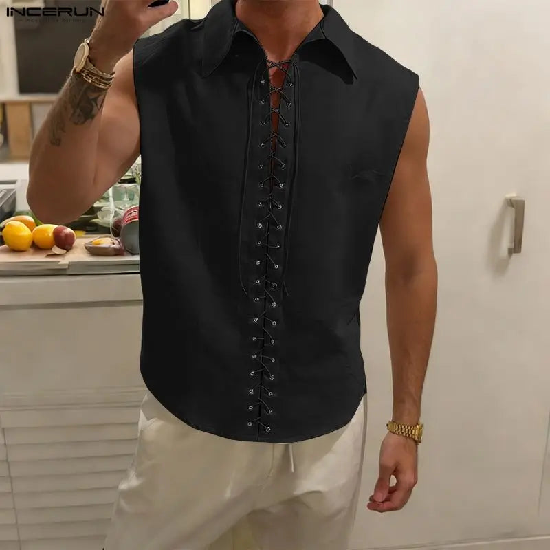 INCERUN Men's Shirt Solid Lapel Sleeveless Lace Up Men Clothes Summer.