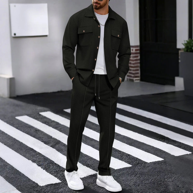 Men's solidcolor waffle longsleeved pants set high quality fashionable comfortable.