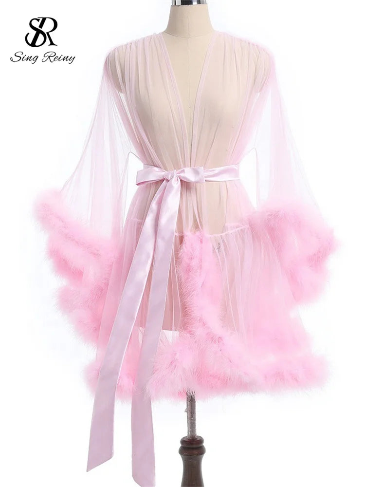 SINGREINY Female Sheer Shapewear Robes Fashoin Long Sleeve Plush Spliced.