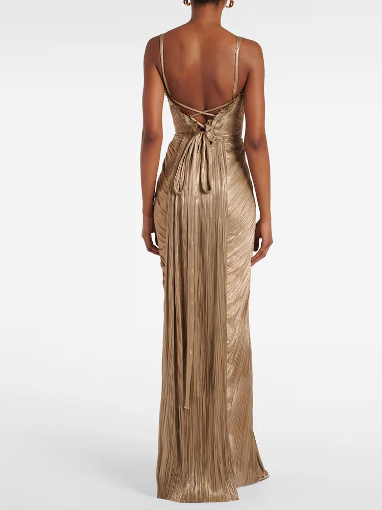 Sexy V-neck Draped Slim Suspender Dress Women Elegant Hight Waist.