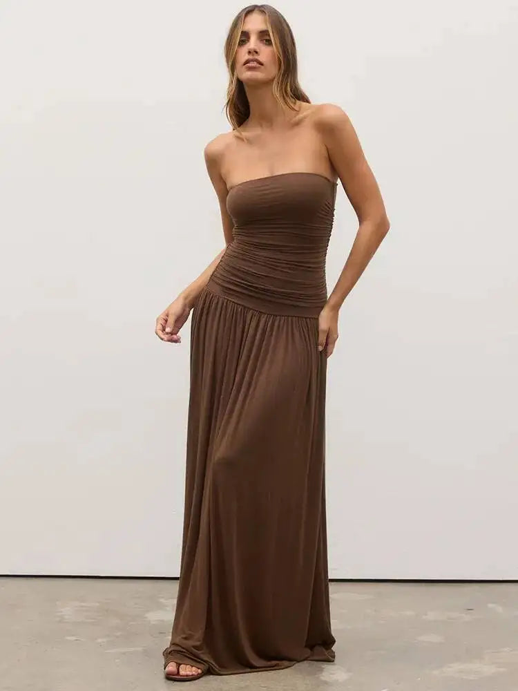 Mozision Off-shoulder Strapless Pleated Sexy Maxi Dress Women.