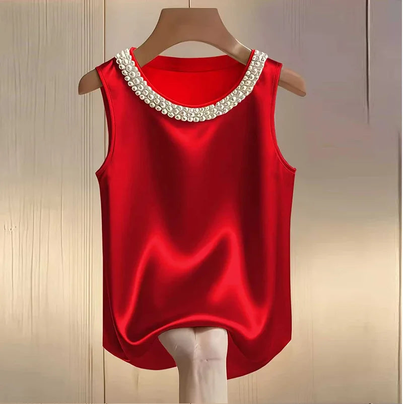 Elegant Satin Shirt Women Summer Bead Design Silk Blouse Women.