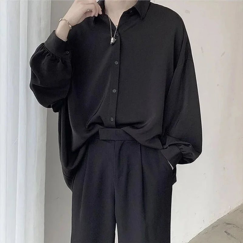 Korean Style Men's Long-sleeved Shirts Black Tie Cozy Casual.