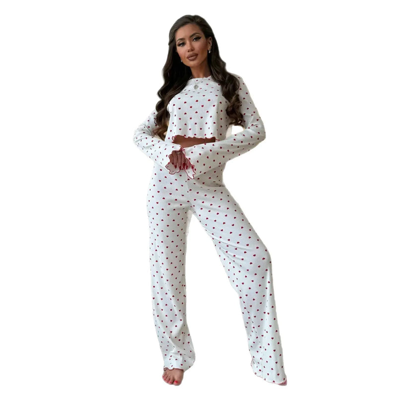 Lace Trim Women Pajama Set Short Sleeve Front Button Top & Full-Length.
