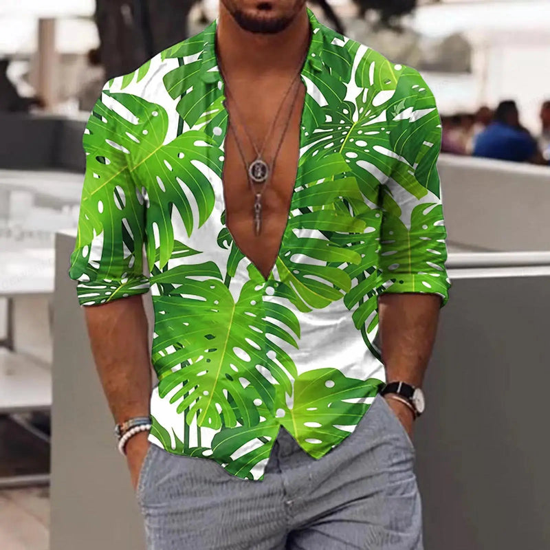 New Trend Men's Shirts Casual Floral Printed Lapel Button Long Sleeve.